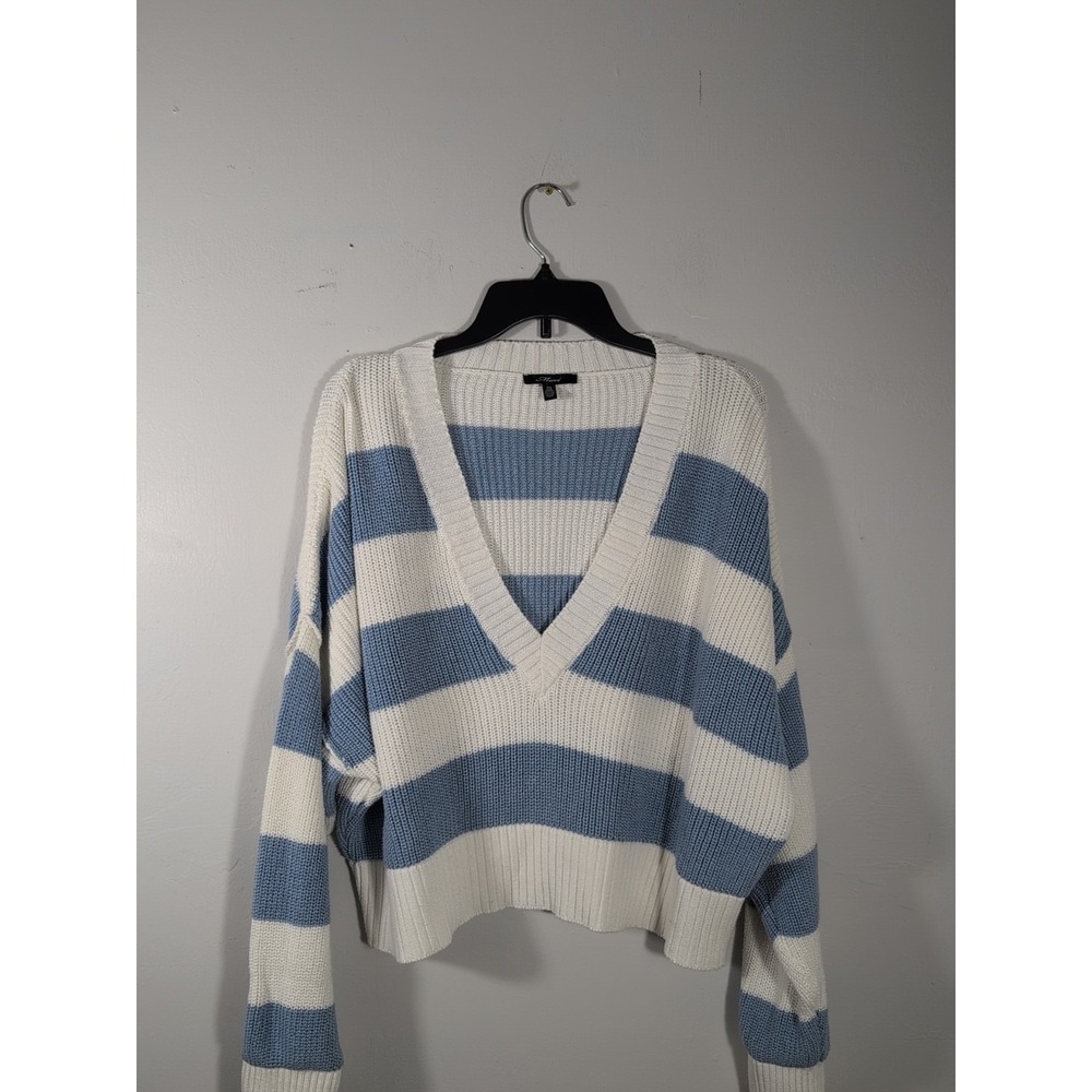 Mavi Striped V-neck Pullover Cropped Sweater Blue‎ & White OSFA